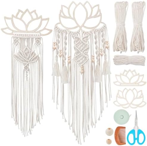 FREEBLOSS 2 Set DIY Macrame Lotus Wall Hanging Kit Macrame Tapestry Wall Hanging with Macrame Frame Lotus Wall Hanging Decor for Living Room Macrame Kit for Beginner with Instruction by FreeandCreativeCraftsArt