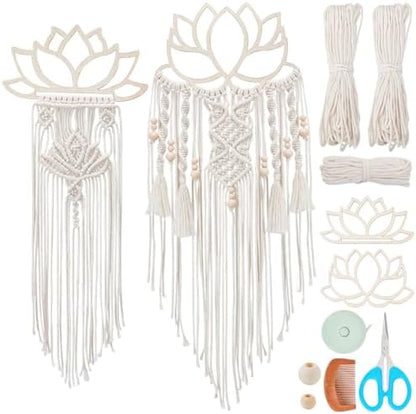 FREEBLOSS 2 Set DIY Macrame Lotus Wall Hanging Kit Macrame Tapestry Wall Hanging with Macrame Frame Lotus Wall Hanging Decor for Living Room Macrame Kit for Beginner with Instruction by FreeandCreativeCraftsArt