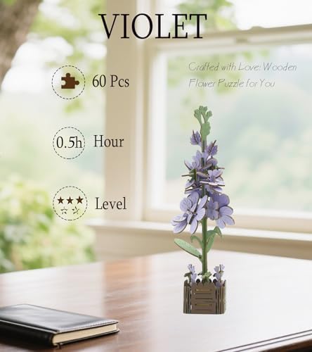 3D Wooden Flower Puzzle Kit for Adults | DIY Botanical Bouquet Building Set with Adjustable Vase | Home Decor & Stress Relief Gift-Violet (60PCS) - Image 3