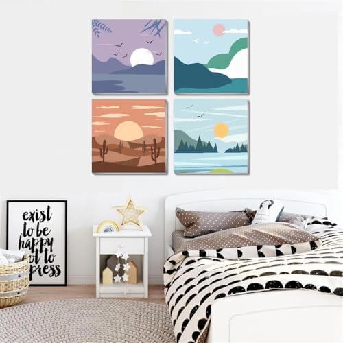 Fotasmua 4 Pack Framed Paint by Number Kits for kids Sunset, DIY Landscape Paint by Numbers Kits for Adults on Canvas, Easy Acrylic Oil Painting for Kids & Adults Beginners for Wall Decor (8 x 8 Inch) - Image 3