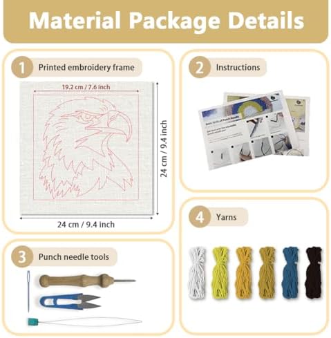 Doodlream Bald Eagle Needle Kit for Beginner, 9.4"x 9.4" Majestic Bird Punch Stitching Craft Set, Color DIY Embroidery Starter with Printed Frame, Instruction, Threader, Yarn, Pinch Needle - Image 2