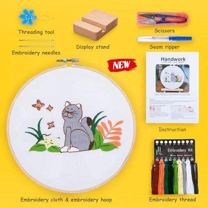 Embroidery Kit for Adult Beginners, Cat Embroidery Kit with Step-by-Step Instructions and Video, Printed Cloth, 7.87" Hoop, Display Stand, Color Threads, Threader & Needles for Craft Lover(BED001) - Image 2