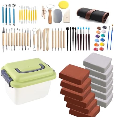 12 lb Natural Air-Dry Clay + 52 pcs Pottery Tools + Storage Box,Ideal for Wheel Throwing,Hand Building,Sculpting;Great for All Skill Levels (12lb+Tools(52pcs)+Box, White+Terracotta) by WABAFL