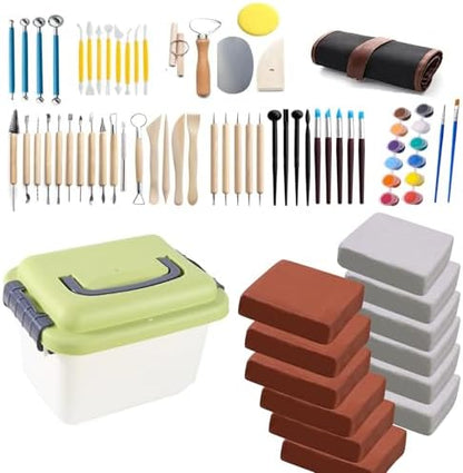 12 lb Natural Air-Dry Clay + 52 pcs Pottery Tools + Storage Box,Ideal for Wheel Throwing,Hand Building,Sculpting;Great for All Skill Levels (12lb+Tools(52pcs)+Box, White+Terracotta) by WABAFL