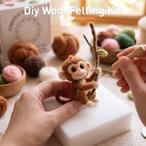DIY Needle Felting Kit Cute Monkey on Vine – Needle Felting Starter Kit with Fiber Roving, Needles, Felting Pad & Instructions | Felted Jungle Animal Kit for Beginners Adults | DIY Craft Gift - Image 6