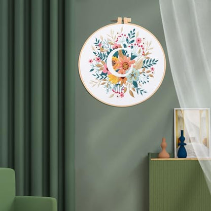 IUHUI Embroidery Kit for Beginners Adults - 26 Floral Letters Easy Patterns, DIY Hand Stitching Embroidery Set with Hoop (Flower and Grass Letter C) - Image 2