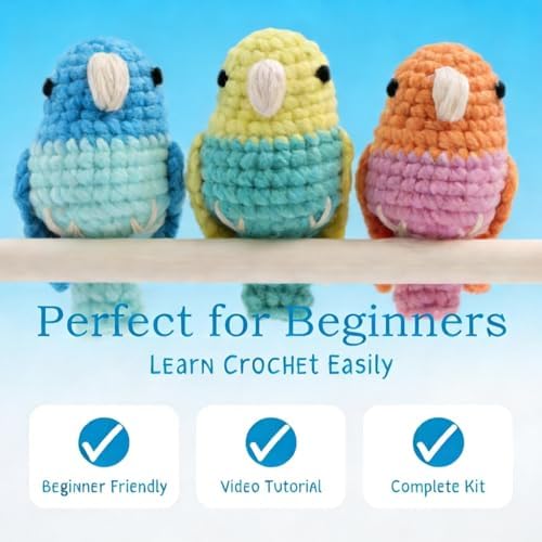 HOUSE CREATIVITY Crochet Kit for Beginners, Make 3 Mini Budgie Birds, Amigurumi Crochet Starter Kit with Step-by-Step Video Tutorial, Yarn, Hook, Eyes & Stuffing, DIY Craft Kit Gift for Adults - Image 4