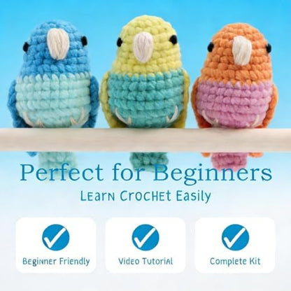 HOUSE CREATIVITY Crochet Kit for Beginners, Make 3 Mini Budgie Birds, Amigurumi Crochet Starter Kit with Step-by-Step Video Tutorial, Yarn, Hook, Eyes & Stuffing, DIY Craft Kit Gift for Adults - Image 4