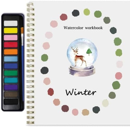 Watercolor Workbook for Adults & Beginners: 12 Colors Paint Set with Brush, Foldable Painting Kit for Winter– Ideal Gift(Winter) by Puasyto