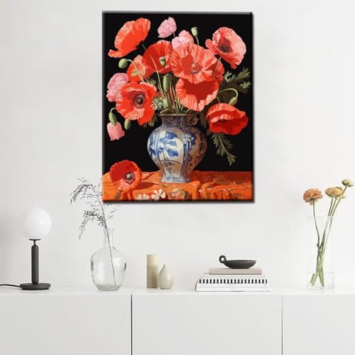 Tucocoo Red Poppys DIY Paint by Numbers for Adults Red Flowers in Vase DIY Oil Painting Kits Canvas with Acrylic Paint Floral Plant Art 16x20 Inch （DIY Frame ） - Image 2