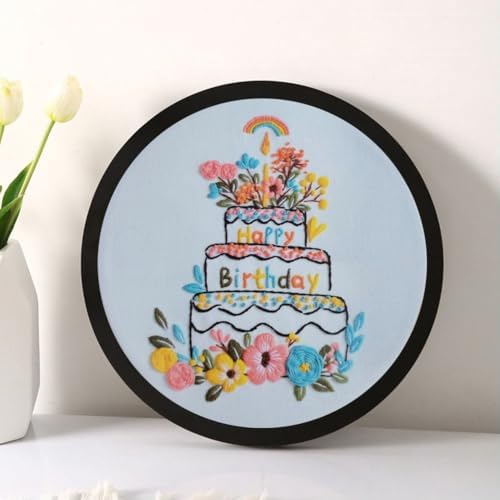 Esffaci Embroidery Starter Kit for Adult Beginner with Birthday Cake Candle Flower Pattern Hand Embroidery Set with Cloth Hoop Needle Threader Floss and Instruction - Image 4