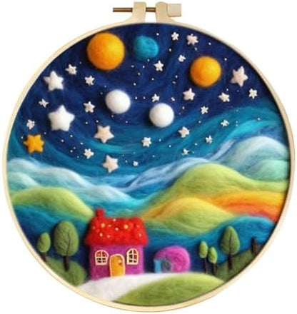 CaptainCrafts Needle Felting Kit, Wool Felt Supplies, Embroidery Hoops, Wool Painting Tools Needle Felting Starter Kit for DIY Decoration (Starlit Moonlit Homeland) by CaptainCrafts