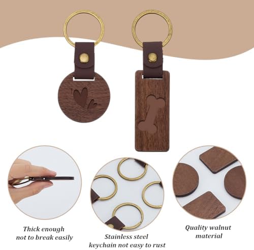 60 PCS Leather Wood Keychain Blanks Unfinished Wooden Keychains Rectangular and Round Shape Walnut Wood Keychains Blanks for Engraving DIY Crafts Personalized Gifts - Image 3