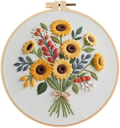 Sunflower Embroidery Kit for Beginners - All in One DIY Cross Stitch Starter with Hoop, Pre-Printed Fabric, Embroidery Threads, Needles,Perfect Craft Gift for & Home Decor by Unknown
