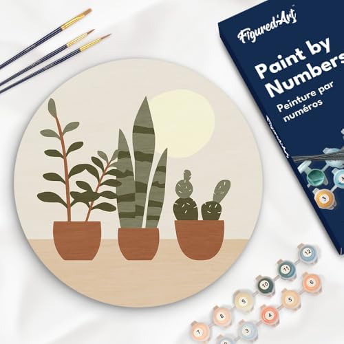 Figured'Art Paint by Numbers Kit for Adults on Wood Slice, 11.8in Diameter - Three Plant pots - Craft Art Painting DIY Canvas by FiguredArt