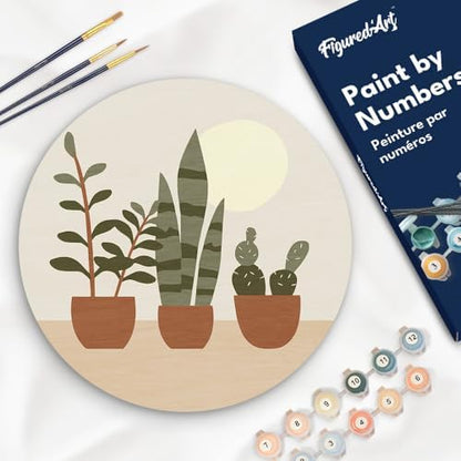 Figured'Art Paint by Numbers Kit for Adults on Wood Slice, 11.8in Diameter - Three Plant pots - Craft Art Painting DIY Canvas by FiguredArt