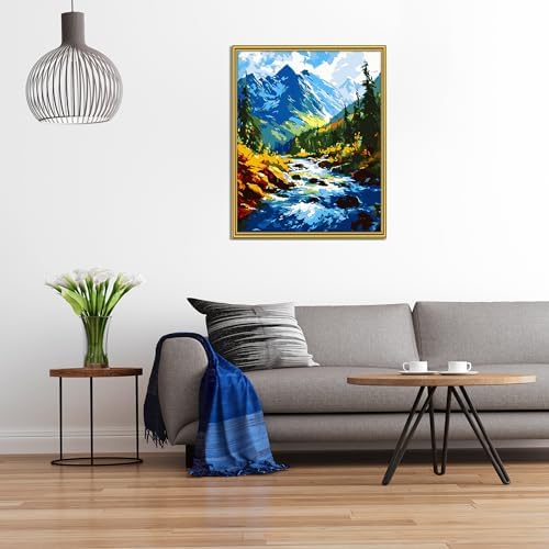 Yunnuo Paint by Numbers Kit for Adults, Mountain River Landscape, DIY Acrylic Painting, 16 x 20 in, with 3 Paintbrushes, Wall Art Decor - Image 3