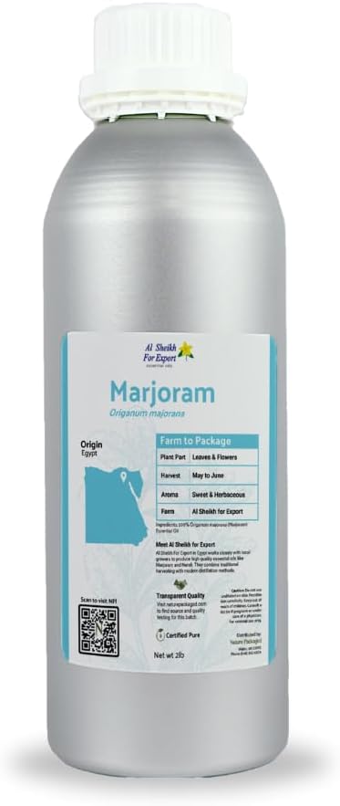 Nature Packaged Marjoram Essential Oil - Direct from Al Sheikh for Export Egypt - Steam Distilled - Aceite de Mejorana for Aromatherapy, Massage, Diffuser, DIY Candle and Soap Making - 2lbs