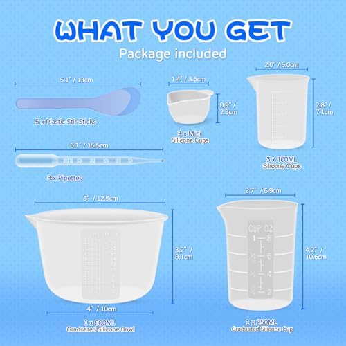 Silicone Resin Mixing Measuring Cups for Resin Supplies, 600ml/20oz Bowl, 250 & 100ml Thickened Reusable Silicone Cups for Epoxy Mixing, with Stir Sticks and Pipettes, Jewelry Making - Image 2