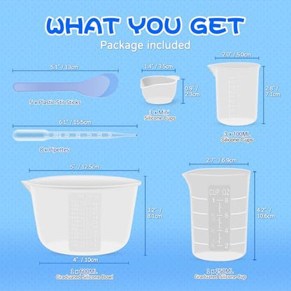 Silicone Resin Mixing Measuring Cups for Resin Supplies, 600ml/20oz Bowl, 250 & 100ml Thickened Reusable Silicone Cups for Epoxy Mixing, with Stir Sticks and Pipettes, Jewelry Making - Image 2