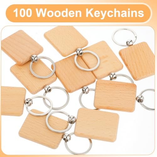 MAQUITA 100 Pcs Wooden Keychain Blanks Wood Key Chains Bulk Laser Engraving Rectangle Keychain Blanks Unfinished Wooden Key Ring Tag for DIY Gift Crafts - Image 4