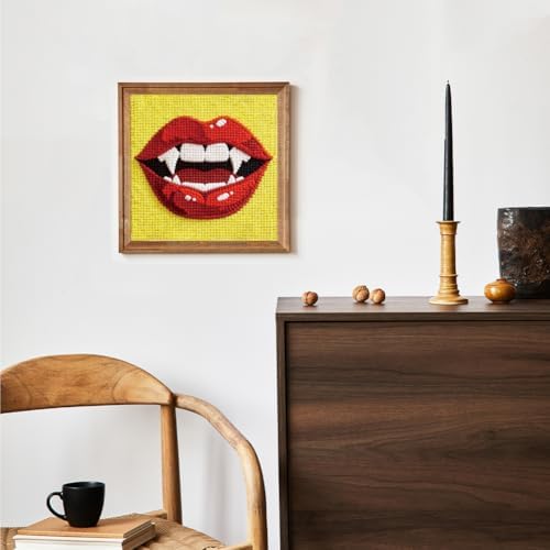Doodlream Red Lip Needle Kit for Beginner, 9.4"x 9.4" Halloween Fanged Mouth Punch Stitching Craft Set, Color DIY Embroidery Starter with Printed Frame, Instruction, Threader, Yarn, Pinch Needle - Image 6