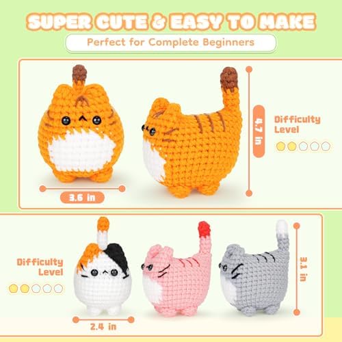 Crochet Kit for Beginners-4PCS Cat Crochet Kits for Adults, Teacher Appreciation Gifts, Crochet Starter Kit with Step-by-Step Video Tutorials, Crochet Animals Kits DIY Craft Kit Learn to Crochet Kits - Image 4