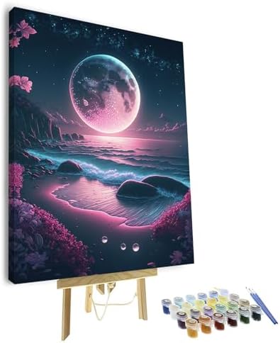 TUMOVO DIY Framed Paint by Numbers for Adults Beginner, Moon Acrylic Paint by Numbers Kit for Adults, Beach Painting by Numbers for Gift Home Decor, Sea Oil Hand Painting Art Crafts 16"x20" by TUMOVO