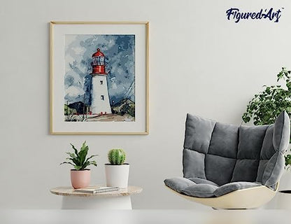 Figured'Art Paint by Numbers Kit for Adults Lighthouse Under a Cloudy Sky 16"x20" - Craft Art Painting Rolled Canvas with DIY Wooden Frame - Image 4