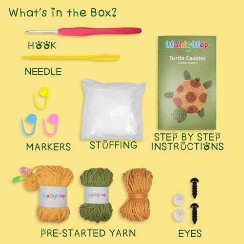 WaldyWop Crochet Kit for Beginners – Easy to Follow Tutorials, Ergonomic Hook & Tangle-Free Yarn, Complete DIY Craft Set for Teen Girls (13+) & Women, Stress Relief & Home Decor (Turtle Coaster) - Image 2