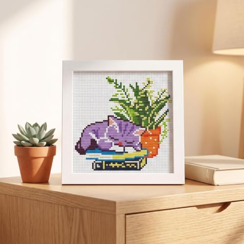 Sleepy Cat Greenery Stamped Cross Stitch Kits for Beginners with Framed - Image 4