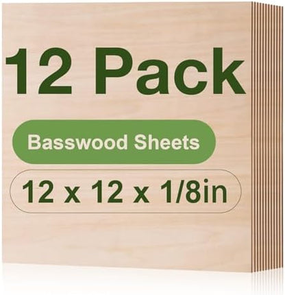 Rowood 12 Pack Basswood Sheets,12x12x1/8inch,3mm Basswood for Laser Cutting,Adult Craft Kits,Thin Plywood Board Unfinished Wood,DIY Ornaments and Architectural Model by RowoodAssembleArtDecorateLife