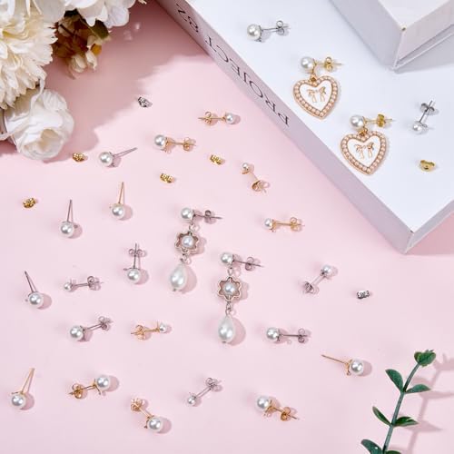 1 Box 120Pcs Pearl Earring Posts Stainless Steel Earring Findings Gold Silver Hypoallergenic Ear Post with Imitation Pearl Loop Butterfly Back Ear Studs for Jewelry Making DIY Crafts Women - Image 4