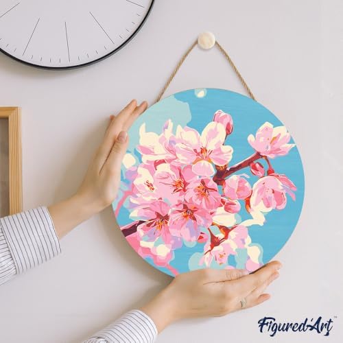 Figured'Art Paint by Numbers Kit for Adults on Wood Slice, 11.8in Diameter - Cherry Blossom - Craft Art Painting DIY Canvas - Image 3