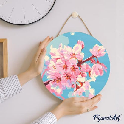 Figured'Art Paint by Numbers Kit for Adults on Wood Slice, 11.8in Diameter - Cherry Blossom - Craft Art Painting DIY Canvas - Image 3