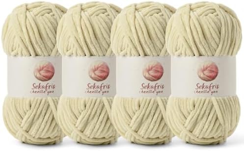 Chenille Blanket Yarn for Crocheting Size 5 Bulky Yarn 4 Beige by Sekafris