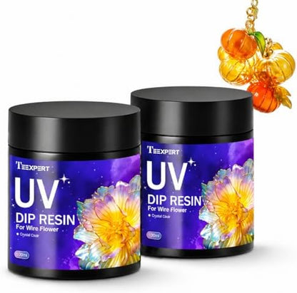 Teexpert UV Dip Resin for Wire Flowers, 2 Pack 100g Each (200g Total), Crystal Clear Thick Formula, Fast Cure UV Resin for DIY Jewelry, Crafts & Floral Design by Teexpert