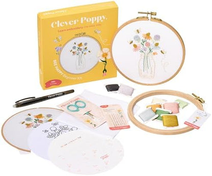 Clever Poppy Bee Happy Beginner Embroidery Kit – Easy Embroidery Kit for Beginners with Hoop, Thread & Patterns – Hand Embroidery Kit for Adults and Teens – Complete Embroidery Starter Kit by CleverPoppy