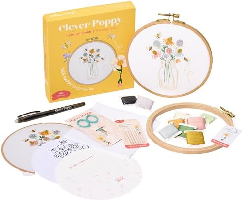 Clever Poppy Bee Happy Beginner Embroidery Kit – Easy Embroidery Kit for Beginners with Hoop, Thread & Patterns – Hand Embroidery Kit for Adults and Teens – Complete Embroidery Starter Kit by CleverPoppy