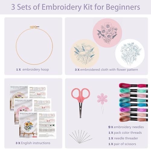 Offizon 3 Sets Embroidery Kit for Beginners Adult DIY Cross Stitches - Image 2