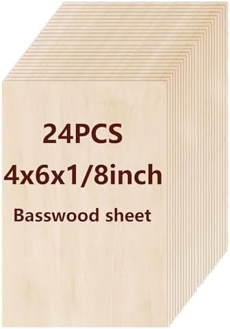 Basswood Sheets 24 Pack,4"x6"x1/8" Plywood Sheets,3mm Basswood for Laser Cutting,Laser Engraving Blanks,Drawing & Painting,Thin Natural Unfinished Wood for Crafts,Wood Burning,Scroll Saw Cutting by Unknown