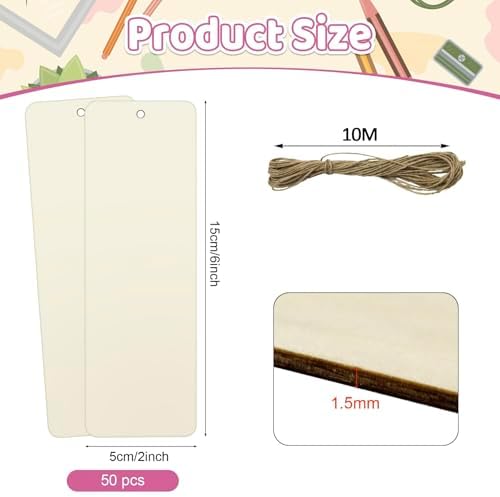 50 Sets 6 x 2 Inch Large Wooden Bookmarks with Holes and Ropes - Image 2