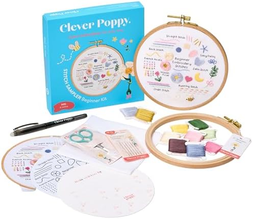 Clever Poppy Stitch Sampler Beginner Embroidery Kit – Easy Embroidery Kit for Beginners with Hoop, Thread & Patterns – Hand Embroidery Kit for Adults and Teens – Complete Embroidery Starter Kit by CleverPoppy