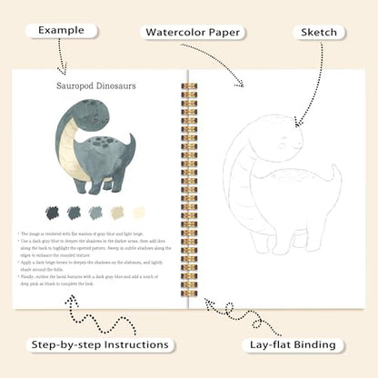 Easy Dinosaur Watercolor Workbook for Beginners, Water Coloring Book, 18 Colors Watercolors Paint Set, 12 Patterns Watercolor Kit, Fun Family Art Activity, Gift for Adults Teen - Image 4