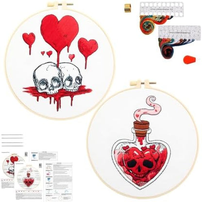 Halloween Goth Embroidery Kits for Beginners Adults, Dark Skull Embroidery Sets Needlepoint Kits, Halloween Stamped Cross Stitch Kits for Beginners Adults, 2 Embroidery Hoops (Attached Video Tutorial) by Armindou