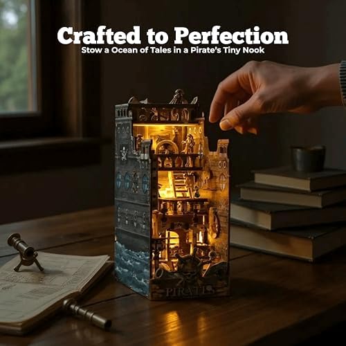 Dreams Delivery Book Nook Kit, Pirate Ship 172-Piece DIY LED Miniature House Kit, 3D Wooden Puzzle BookNook Kit for Adults, Home Model Building Kit for Book Lovers & Beginners, Bookshelf Decor - Image 6