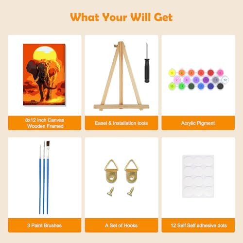 MOGTAA Paint by Numbers Kit for Adults with Frame, Elephant Paint by Number Canvas, Sunset Paint by Numbers with Easel, DIY Animal Oil Painting Kit for Home Wall Decor 8 x 12 Inch - Image 5