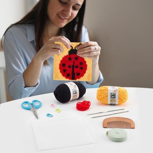 FREEBLOSS 10 Set Plastic Canvas Cross Stitch Kits with 11 Colors Yarn Insect Theme Plastic Canvas Kit with Instruction of 10 Different Patterns Mesh Sheet Coasters for Beginners - Image 4