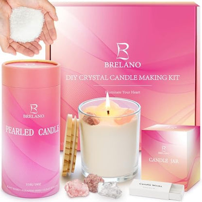 BRELANO Crystal Candle Making Kit – No-Melt Pearled Candle Sand, 18 oz Sand Wax, 30 Cotton Wicks, 3 Natural Crystals & Glass Jar – DIY Candle Gift Set for Women & Home Decor by BRELANO