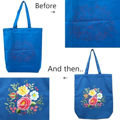 CREAWONDER Canvas Tote Bag Embroidery Kit with Pattern for Beginners, Arts and DIY Embroidery Crafts Kits for Adults, Include Instructions, Thimble, Embroidery Hoops, Color Threads and Tool - Image 5